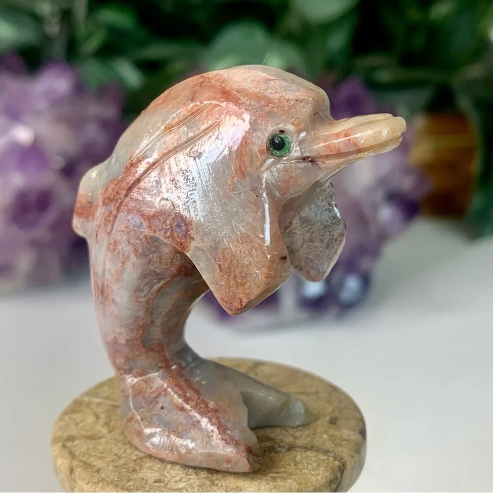 Soapstone Carved Dolphin Figurine Stone Animal Carving Figure Statue 2”